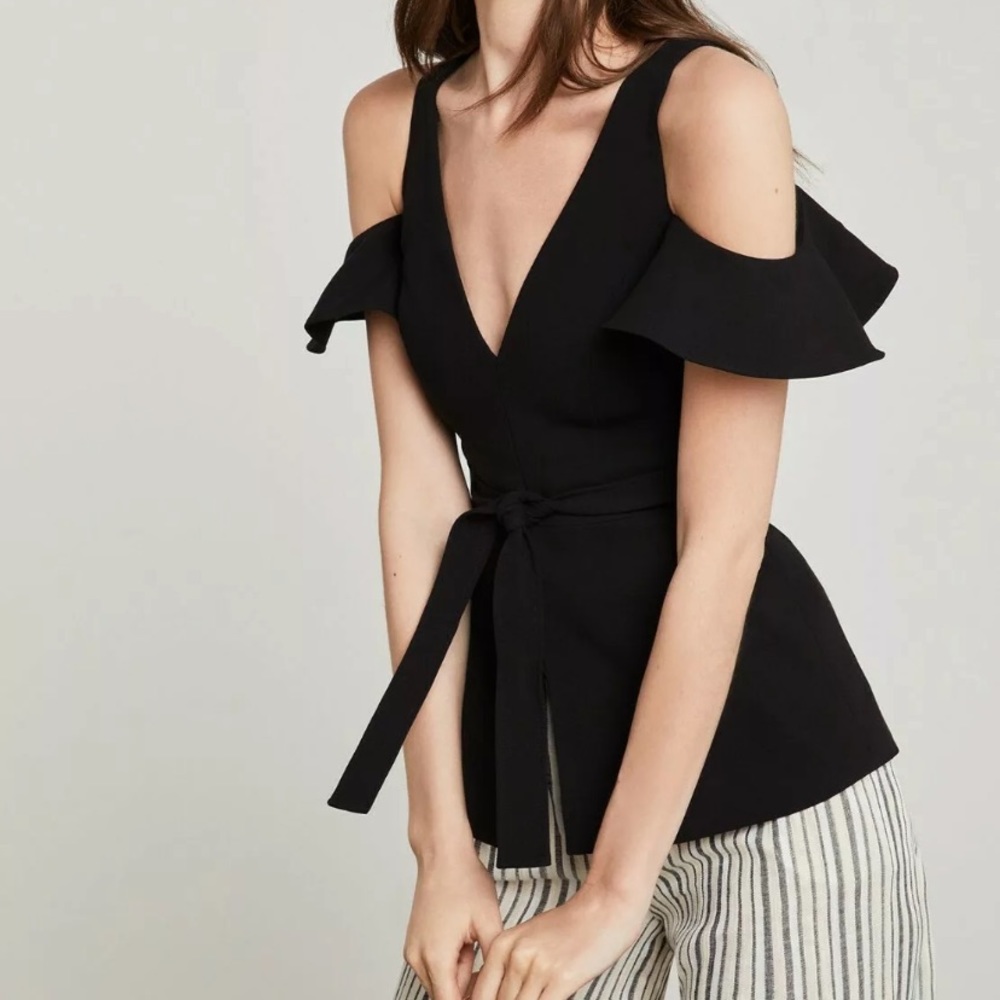 BCBMAXAZRIA BLACK COLD SHOULDER PEPLUM TOP / SIZE XXS *